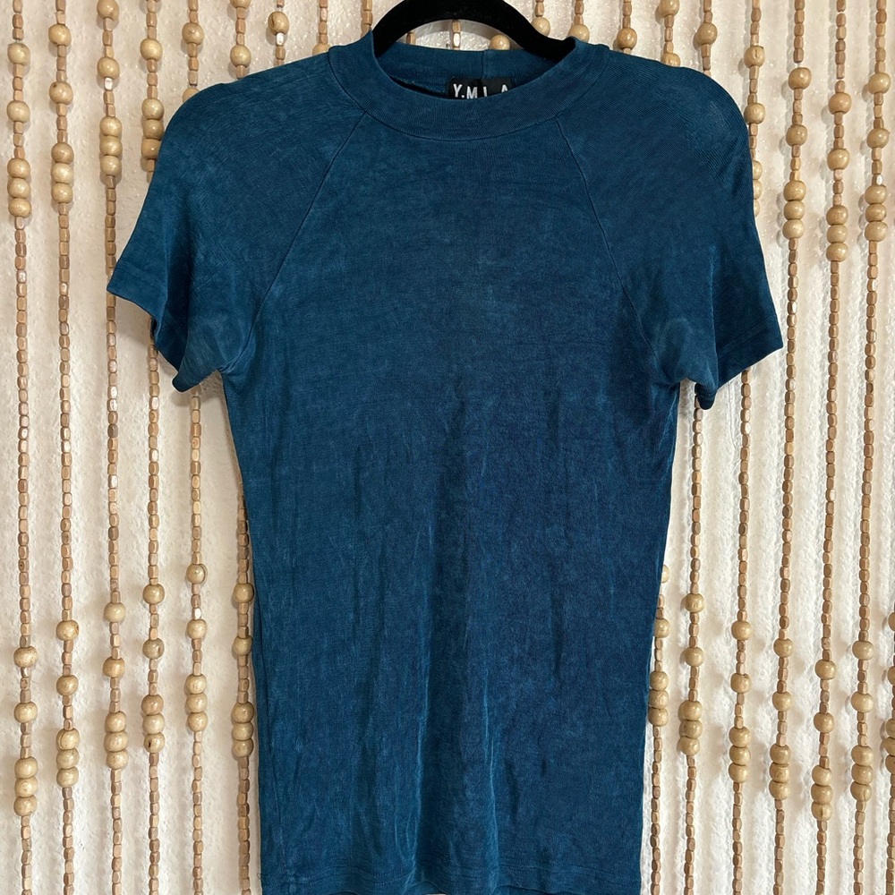 YMLA Vintage Made is U.S.A. Teal Blue Silky Stretch Short Sleeve Cyber Boho Top